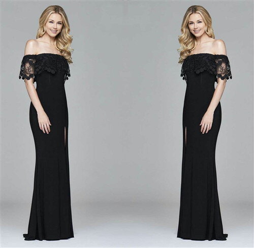 ロングドレス　キャバドレス　キャバワンピ　ナイトワーク　フォーマル　パーティーに胸元レースデザイン　セクシー肩魅せスタイル　マーメイドロングドレス