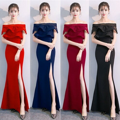 送料込 ロング送料無料 ロングドレス キャバドレス キャバワンピ レース大胆でセクシーな肩魅せスタイル エレガントなレースフリルデザイン ロングドレス 全3色