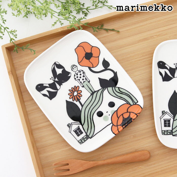 マリメッコ マリキュラ スクエア プレート 15×12cm / ホワイト×オレンジ　marimekko Marikyla square plate 【 正規販売店 】