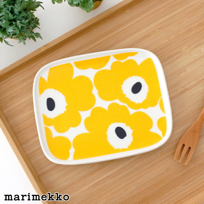 マリメッコ ウニッコ スクエア プレート 15×12cm / イエロー×ダークブルー　marimekko Unikko square plate 