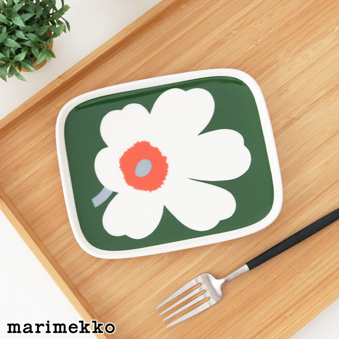 マリメッコ ウニッコ 60周年 スクエア プレート 15×12cm / グリーン×オレンジ　marimekko Unikko 60th plate 【 正規販売店 】【 メール便不可 】