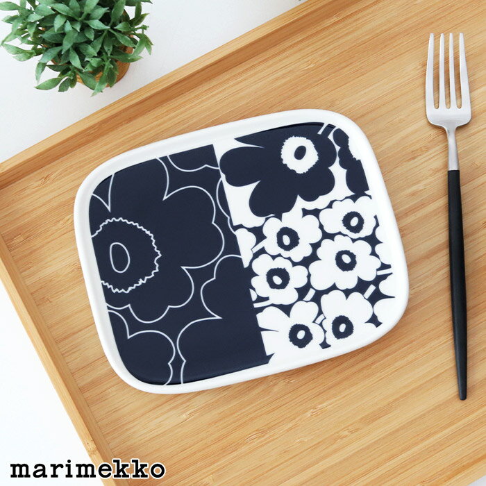 マリメッコ ウニッコ コラーシ 60th スクエア プレート 15×12cm / ダークブルー×ホワイト　marimekko Unikko Kollaasi plate 【 正規販売店 】【 メール便不可 】のサムネイル