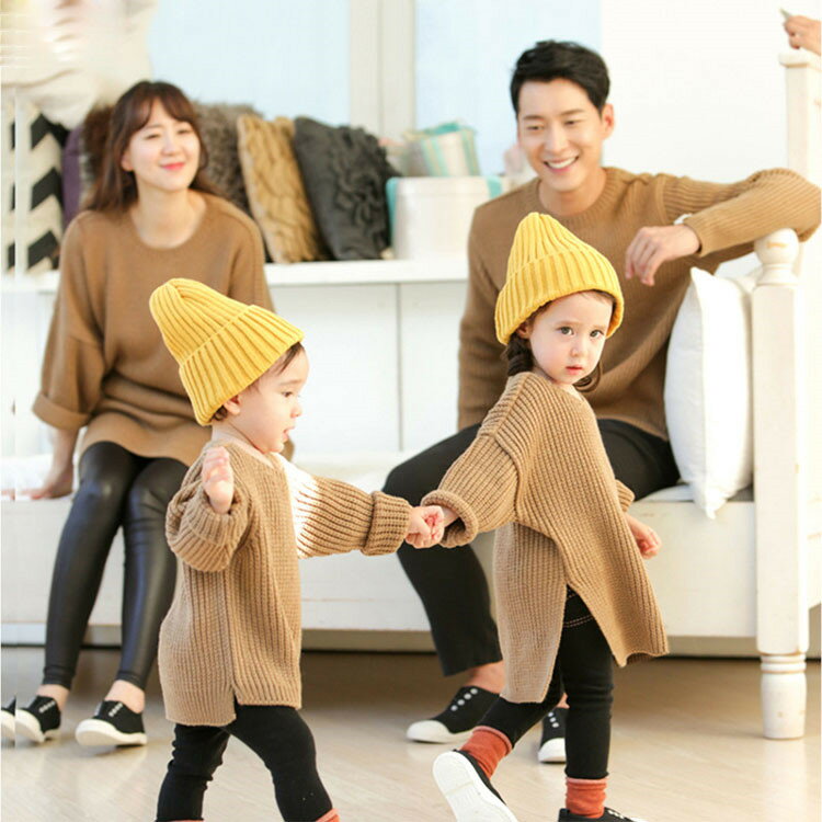 親子ペアルック ニット セーター サイド開き ロング丈 家族お揃い カップル 親子セーター ニット ママ 娘 息子 トップス パーカー 女の子 男の子 春秋 可愛い 長袖 柔らかい 保温 シンプル ゆったり 暖かい