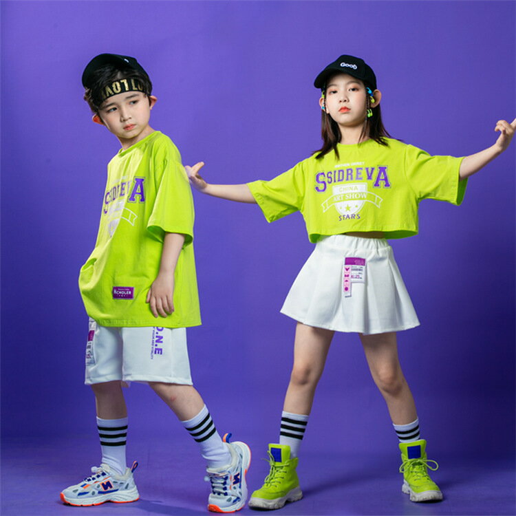 キッズダンス衣装 セットアップ 男の子 tシャツ+ショートパンツ 2点セット 半袖 ヒップホップ 女の子 tシャツ+スカート チアガール 子供服 スポーツウェア 派手 ストリート 原宿系 レッスン ダンスウェア hiphop 110-180 送料無料