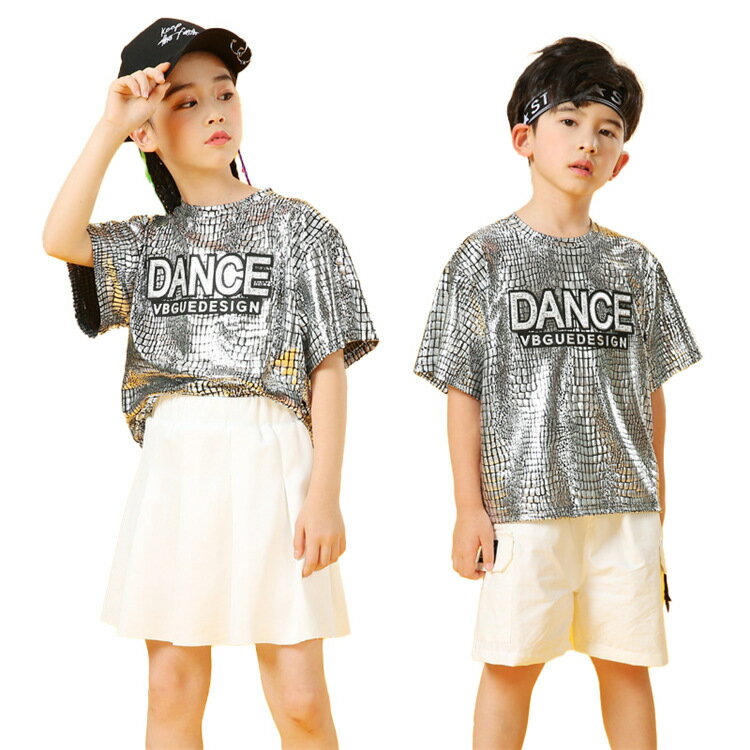 キッズダンス衣装 セットアップ ダンス衣装 男の子 tシャツ+ショートパンツ 2点セット シルバー 半袖 ヒップホップ 女の子 tシャツ+スカート チアガール 子供服 スポーツウェア 派手 ストリート 原宿系 レッスン ダンスウェア hiphop 110-180