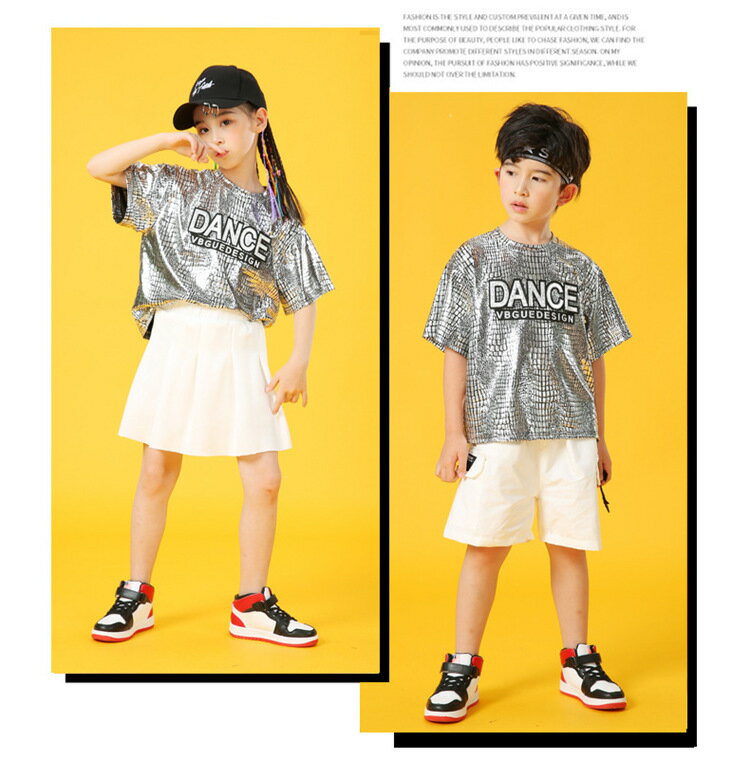 キッズダンス衣装 セットアップ ダンス衣装 男の子 tシャツ+ショートパンツ 2点セット シルバー 半袖 ヒップホップ 女の子 tシャツ+スカート チアガール 子供服 スポーツウェア 派手 ストリート 原宿系 レッスン ダンスウェア hiphop 110-180