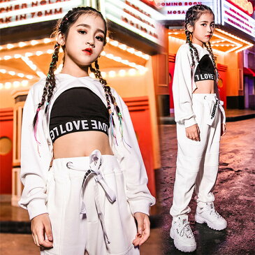 キッズダンス衣装 セットアップ パーカー サルエルパンツ へそ出し k-pop ジャズ 女の子 白 3点セット ステージ衣装 子供服 ダンス衣装 ジャズ ストリート 原宿系 レッスン ダンスウェア ジャッズ 韓国子供服 jazz hiphop 120-170cm