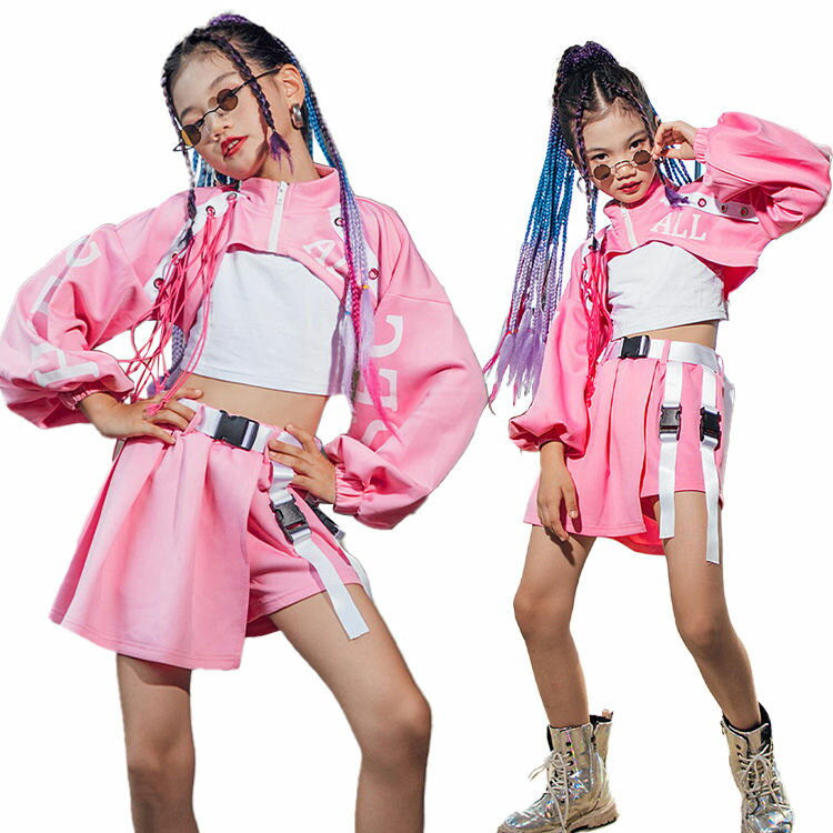 キッズダンス衣装 セットアップ 女の子 k-pop ヒップホップ ダンス 4点セット へそ出し トップス ジュニア jazz ジャズ ダンス衣装 KPOP 韓国 団体服 演出服 発表会 120 130 140 150 160