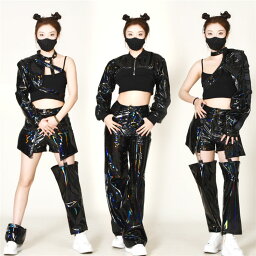 韓国 ダンス衣装 フェイクレザー セットアップ 黒 k-pop 大人 レディース 上下セット カッコイイ ジャズ ダンス 社交ダンス セクシー DS演出服 ステージ衣装 おしゃれ 団体 子供サイズ～大人サイズまで