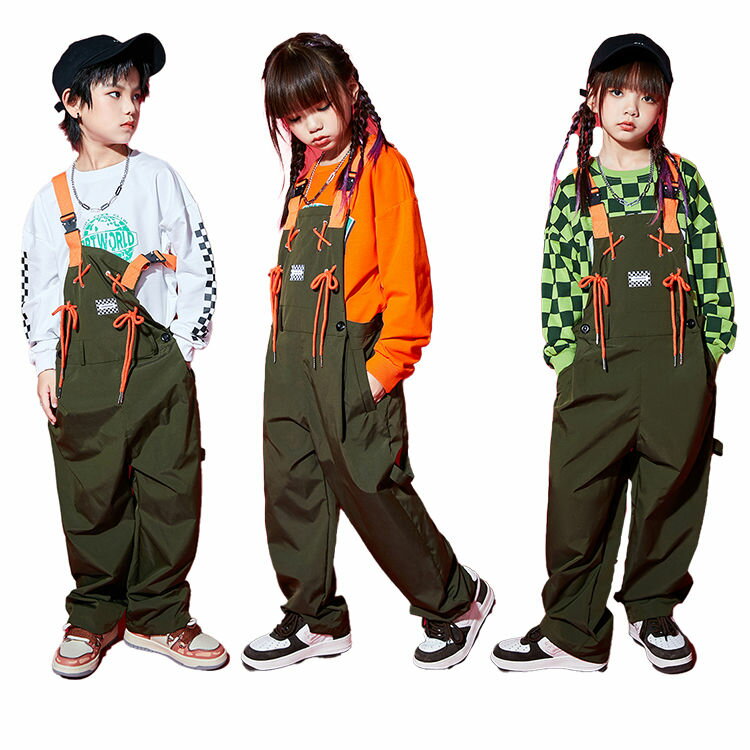 サロペット カーキ ヒップホップ キッズダンス衣装 セットアップ 長袖 緑 チェック柄 白 ロングパンツ K-POP 男の子 女の子 ダンス衣装 長袖 子供 ジャッズ ヒップホップ ストリート カッコイイ 普段着 演出服 団体 キッズ ダンスウェア ジュニア b系 hiphop 110-180