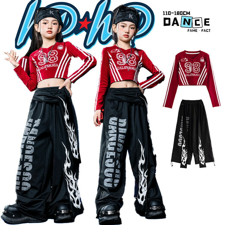 ブラック 炎柄 カーゴパンツ ズボン 女の子 子供服 ダンスウェア ダンス衣装 赤 ワインレッド へそ出し..