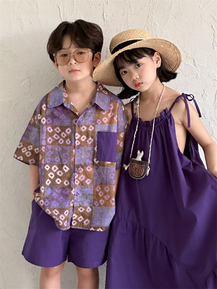 兄妹お揃い パープル 親子 家族 夏 女の子 紫 キャミソール ロング丈 ワンピース 男の子 派手 半袖 柄シャツ 短パン キッズ 子供服 セットアップ 夏服 ビーチウエア 海 かわいい 子供服 ガールズ 日常着 カジュアル ベビー 撮影 プレゼント 90-150 2