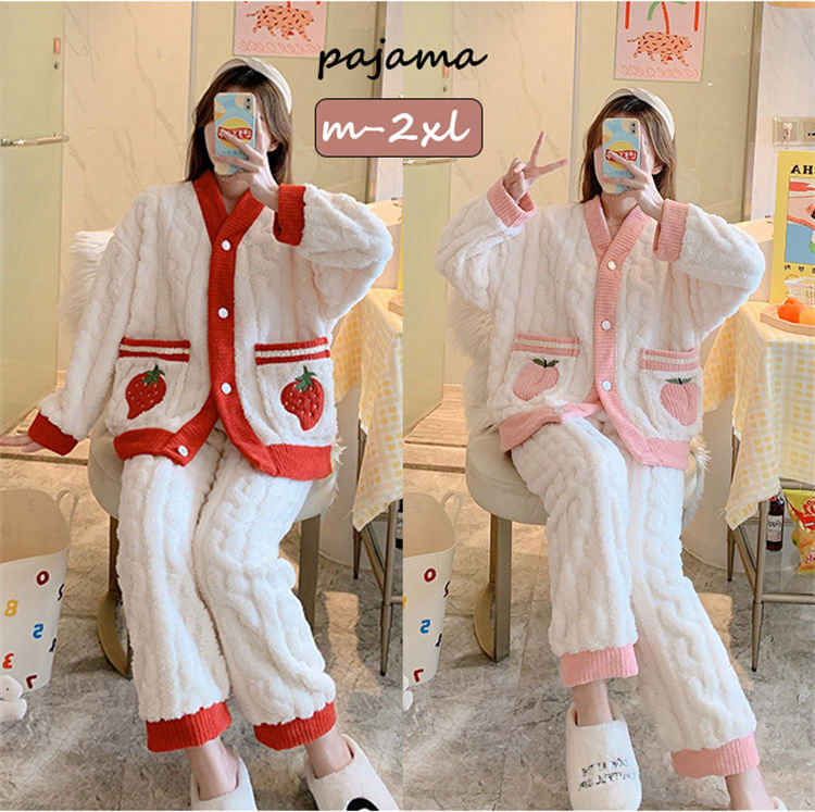 パジャマ レディース 冬 かわいい 二点セット 長袖 ルームウェア もこもこ 寝間着 女性用 ふわふわ 前開き カーディガン フラノ 裏起毛 可愛い 韓国 上下セット モコモコ 部屋着 プレゼント 暖かい ロングパンツ 結婚祝い あったか フルーツ もも いちごのサムネイル