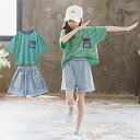 韓国子供服 セットアップ 夏 2点セット Tシャツ+パンツ デニムパンツ 子供服 半袖 トップス 女の子 ストライプ ボーダー 上下セット キッズ ジュニア お...