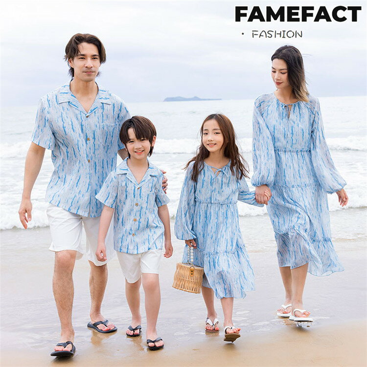 親子コーデ 親子ペア Tシャツ パンツ 上下セット ブルー 長袖 ワンピース レディース キッズ リンクコーデ 親子 ペアルック 親子ペア 親子ペアルック 家族お揃い ママ パパ 子供 メンズ ビーチ 旅行 出かけ着 キッズ 親子服 カジュアル 記念日 写真撮影 旅行 プレゼント