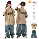 ダンス衣装 セットアップ グレー 半袖 Tシャツ デニム ズボン ジーンズ キッズ ヒップホップ チアガール 子供服 HIPHOP JAZZ 男の子 女の子 ガ...