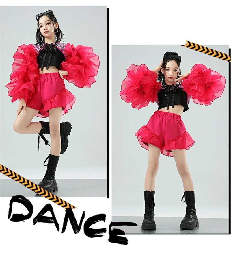 キッズ ダンス衣装 HIPHOP ストリート系 舞台衣装 ジャズ ダンス衣装 女の子 ピンク セットアップ フリル 派手 ガールズ ショートパンツ スパンコール付き キラキラ チアダンス 原宿系 韓国 k-pop ヒップホップ 可愛い ステージ チーム 110-180cm