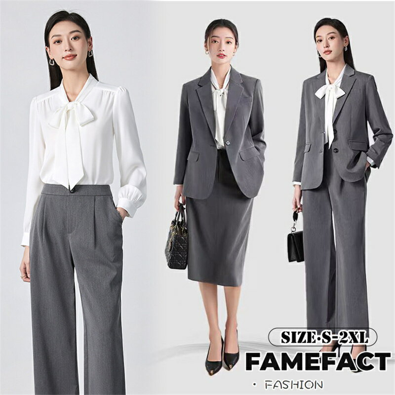スーツ レディース パンツ スーツ 選べる スカートセット 白ブラウス 洗える セットアップ ロング丈 ビジネス リクルート スーツ 春秋 薄手 母スーツ 卒業式 入学式 卒園式 発表会 大きいサイズ 小さいサイズ 通勤 OL グレー S-2XL