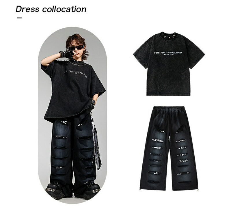 キッズ ダンス衣装 発表会 ヒップホップ ブラック Tシャツ ズボン ダメージパンツ ワイドパンツ 男の子 女の子 ストリート セットアップ 可愛い ガールズ 韓国 Y2K KPOP 練習着 普段着 ダンスウエア 舞台衣装 HIPHOP ジャズ ダンス服 110-180cm