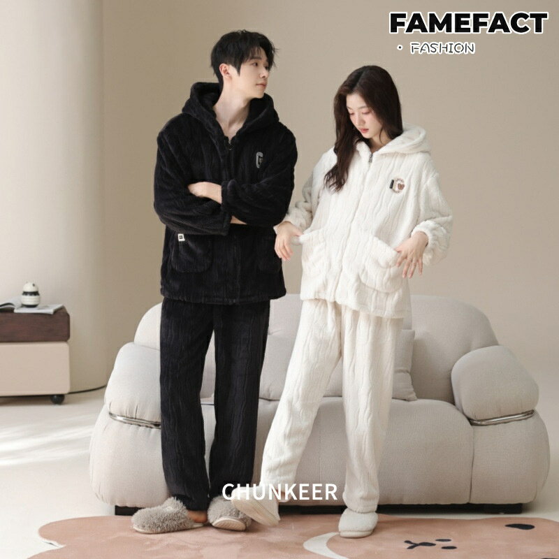 カップルパジャマ ペアパジャマセット 秋冬 前開き フリース 無地 厚手 起毛素材 暖かい 上下セット リラックスパジャマ 寝巻き 寝間着 お揃い パジャマ メンズ レディース ペア ルームウェア 肌触りが良い 部屋着 プレゼント ギフト 結婚祝い 送料無料