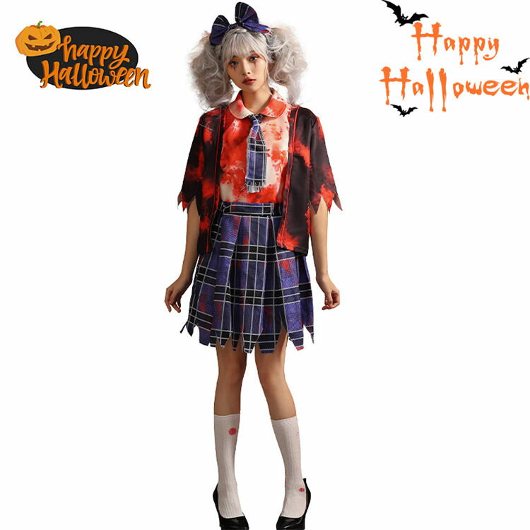コスプレ ハロウィン ゾンビ 学生制服 女性 スカート zombie 恐怖 変装 仮装 悪魔 妖怪 僵尸 化け物 血 血痕 学園祭 文化祭 イベント 万聖節 パ...