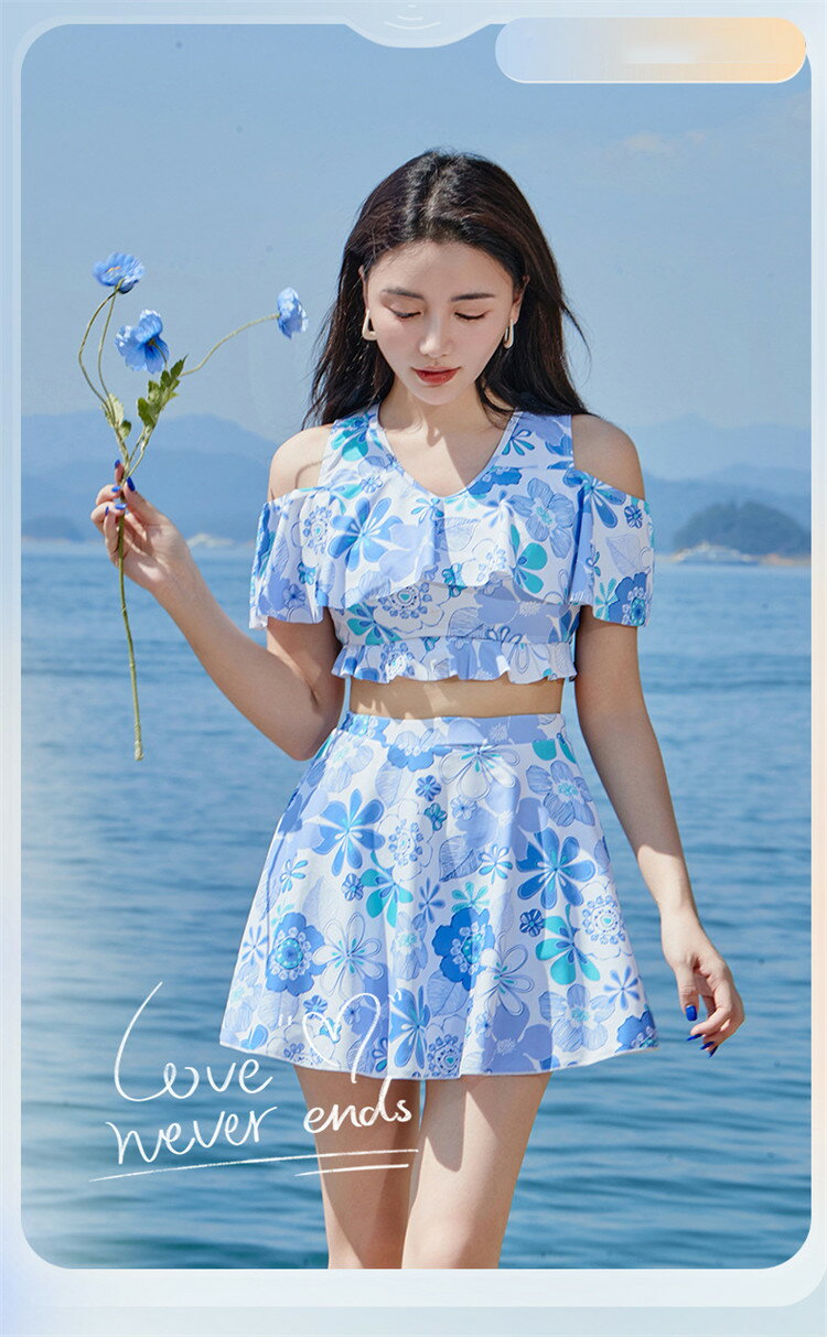 ビキニ 水着 ブルー 花柄 レディース セパレート フリル袖 ハイウエスト パッド付 体型カバー オトナ女子 女子高校生 20代 30代 40代 大人 かわいい セクシー おしゃれ お腹 お尻 カバーアップ 露出控えめ リゾート 海 温泉 プール 水遊び M~2XL
