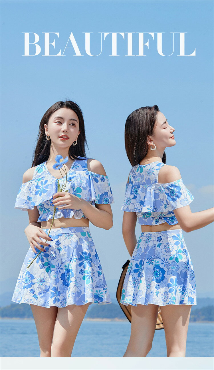 ビキニ 水着 ブルー 花柄 レディース セパレート フリル袖 ハイウエスト パッド付 体型カバー オトナ女子 女子高校生 20代 30代 40代 大人 かわいい セクシー おしゃれ お腹 お尻 カバーアップ 露出控えめ リゾート 海 温泉 プール 水遊び M~2XL