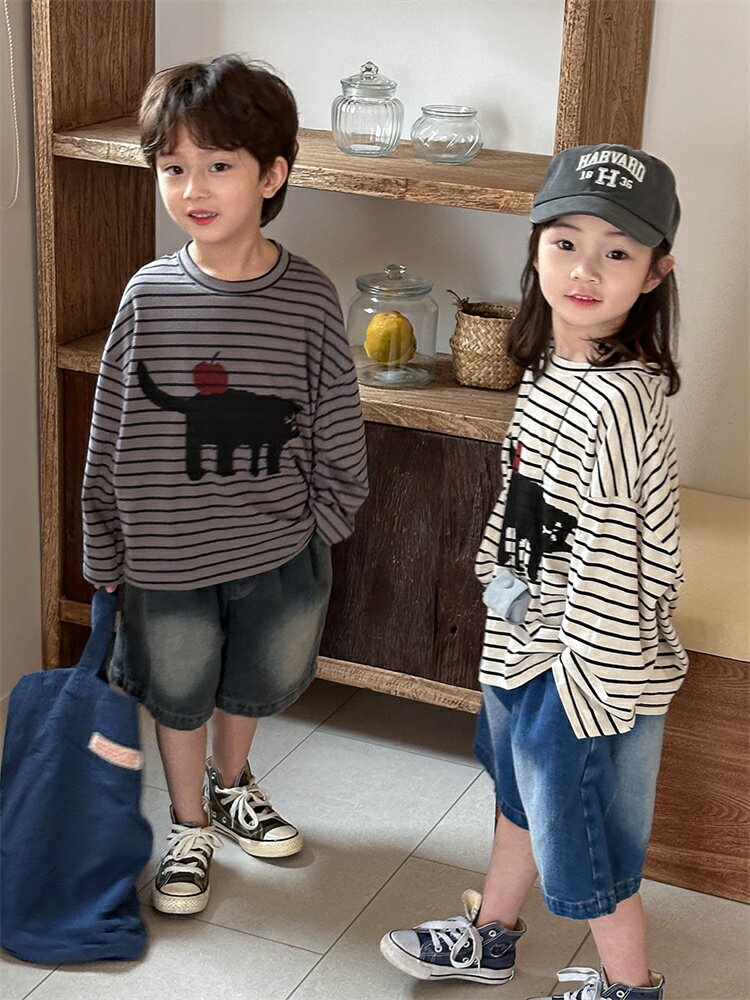 キッズ 子供服 兄妹お揃い 春秋 ペア 長袖シャツ 猫柄 兄弟 姉妹 スウェット ストライプ 通学 韓国子供服 兄弟姉妹 旅行 こども ベビー 可愛い オシャレ 春秋 部屋着 アウトドア 運動着 入学 可愛い 80-140cm