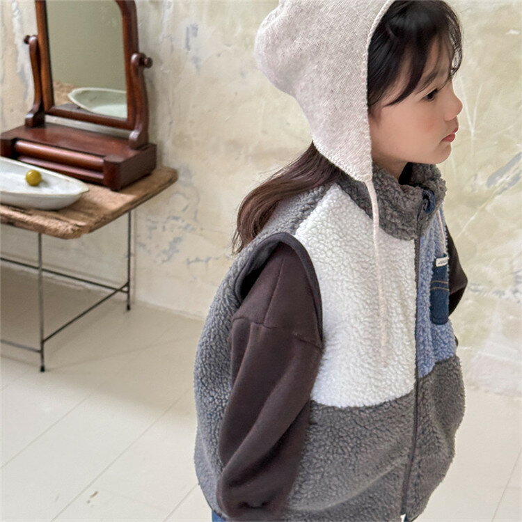 韓国子供服 ベスト ボアコート 女の子 男の子 マルチカラー アウター 防寒 可愛い 冬服 キッズ 暖かい 上着 トップス ボタン ポケット付き 姉妹 兄妹 オシャレ 通園 通学 小学生 80-130cm 3