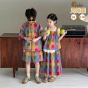 兄妹 お揃い服 セットアップ 可愛い チェック柄 赤 アロハ シャツ キッズ 夏服 女の子 スカート 男の子 パンツ 上下セット ベビー服 小学生 姉妹 兄妹 姉弟 お揃い 子供服 ビーチウエア 旅行 おしゃれ 90 100 110 120 130 140 150
