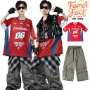 キッズダンス衣装 ストリート系 上下セット ヒップホップ風 オーバーサイズTシャツ 背番号入り トップス チェック腰巻き風 ダボパンツ ジュニア スポーツ風 衣装 韓国風 ステージ映え 赤青黒 グローブ付き イベント 発表会 チーム用 男女兼用 110~180cm