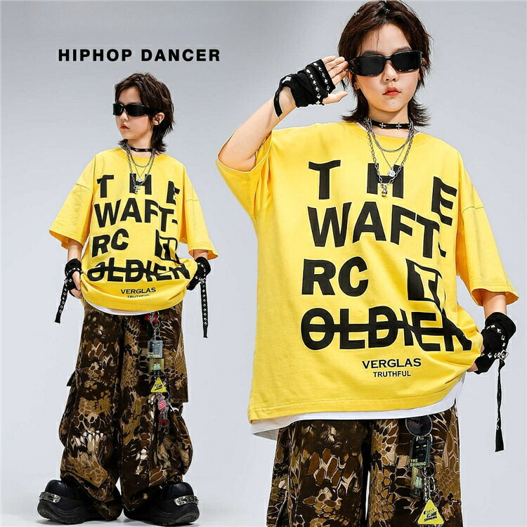 キッズダンス衣装 ヒップホップ セットアップ 黄色Tシャツ ビッグTシャツ 韓国風 K...