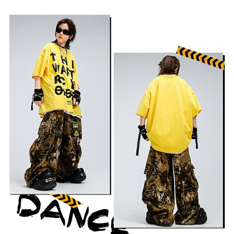 キッズダンス衣装 ヒップホップ セットアップ 黄色Tシャツ ビッグTシャツ 韓国風 K...