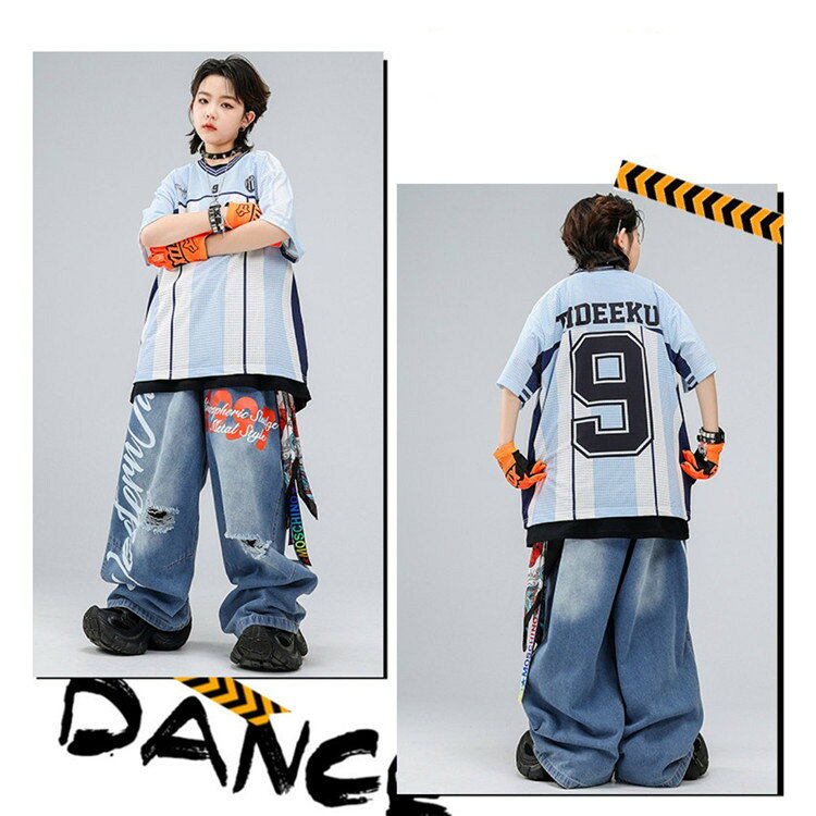 キッズダンス セットアップ 練習着 破れデニムパンツ 発表会衣装 破れデニムパンツ...