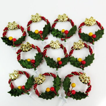 クリスマスケーキ 飾り オーナメント FX-14 ヒイラギがついた赤と金のコードリース (10本入)