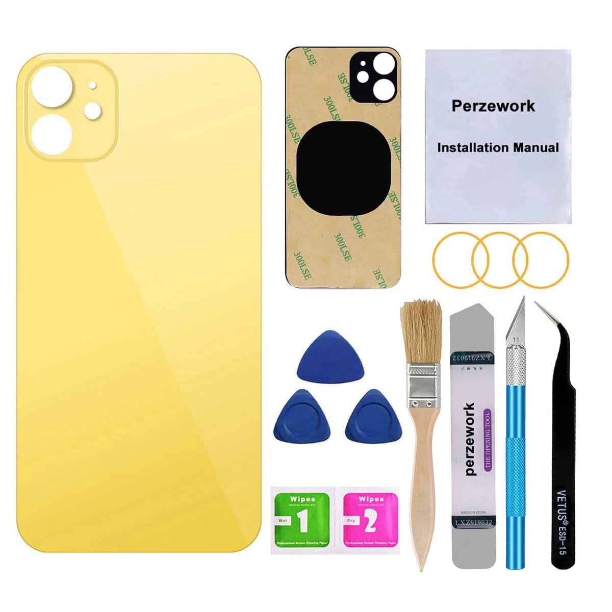 Perzework OEM リアバックガラス 交換用 iPhone 11 6.1インチ用 修理ツールキットと取り付け済み接着剤付き (イエロー)