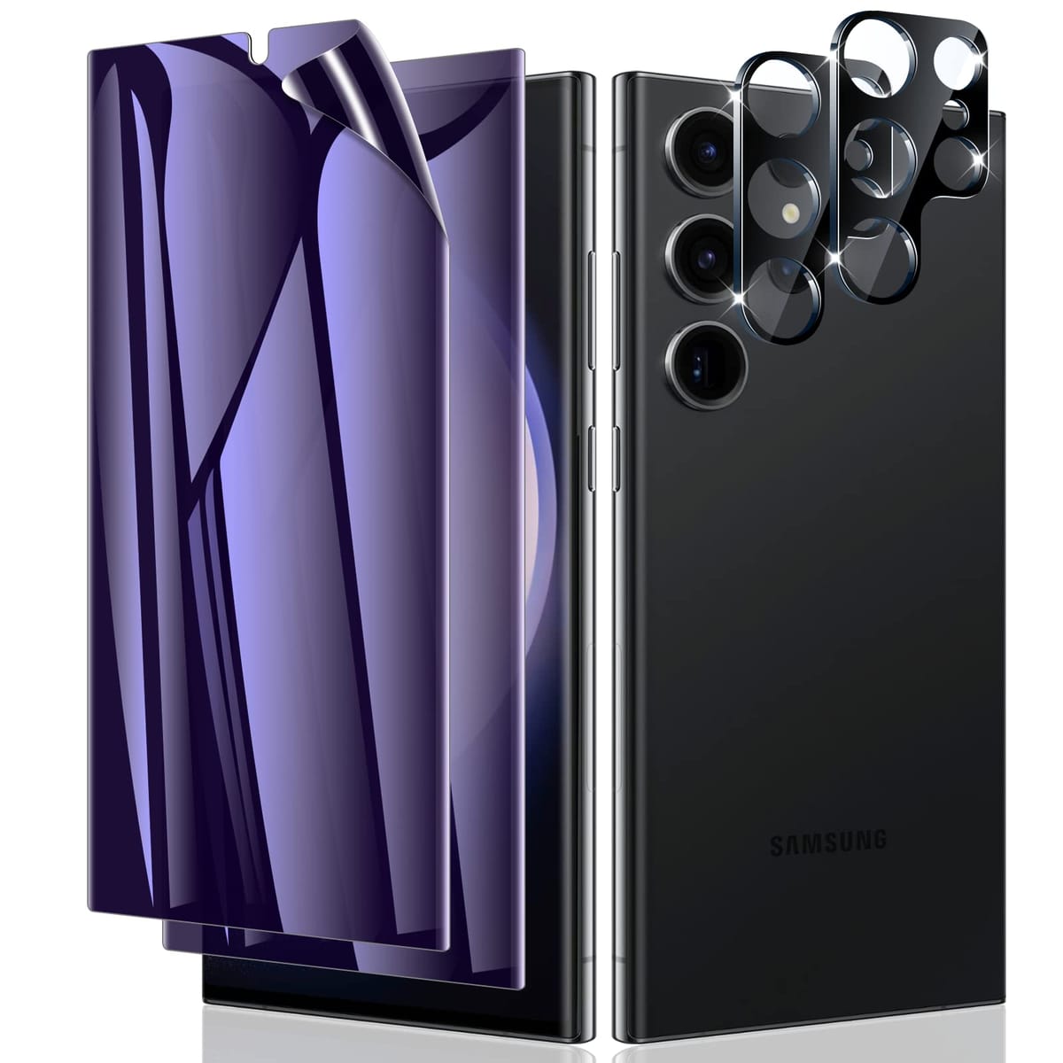 LYWHL [2枚+2枚パック] Samsung Galaxy S23 Ultra プライバシースクリーンプロテクター ブルーライトカット 目の保護 スパイ防止 パープル フレキシブルフィルム [指紋対応] + カメラレンズガラスプロテクター