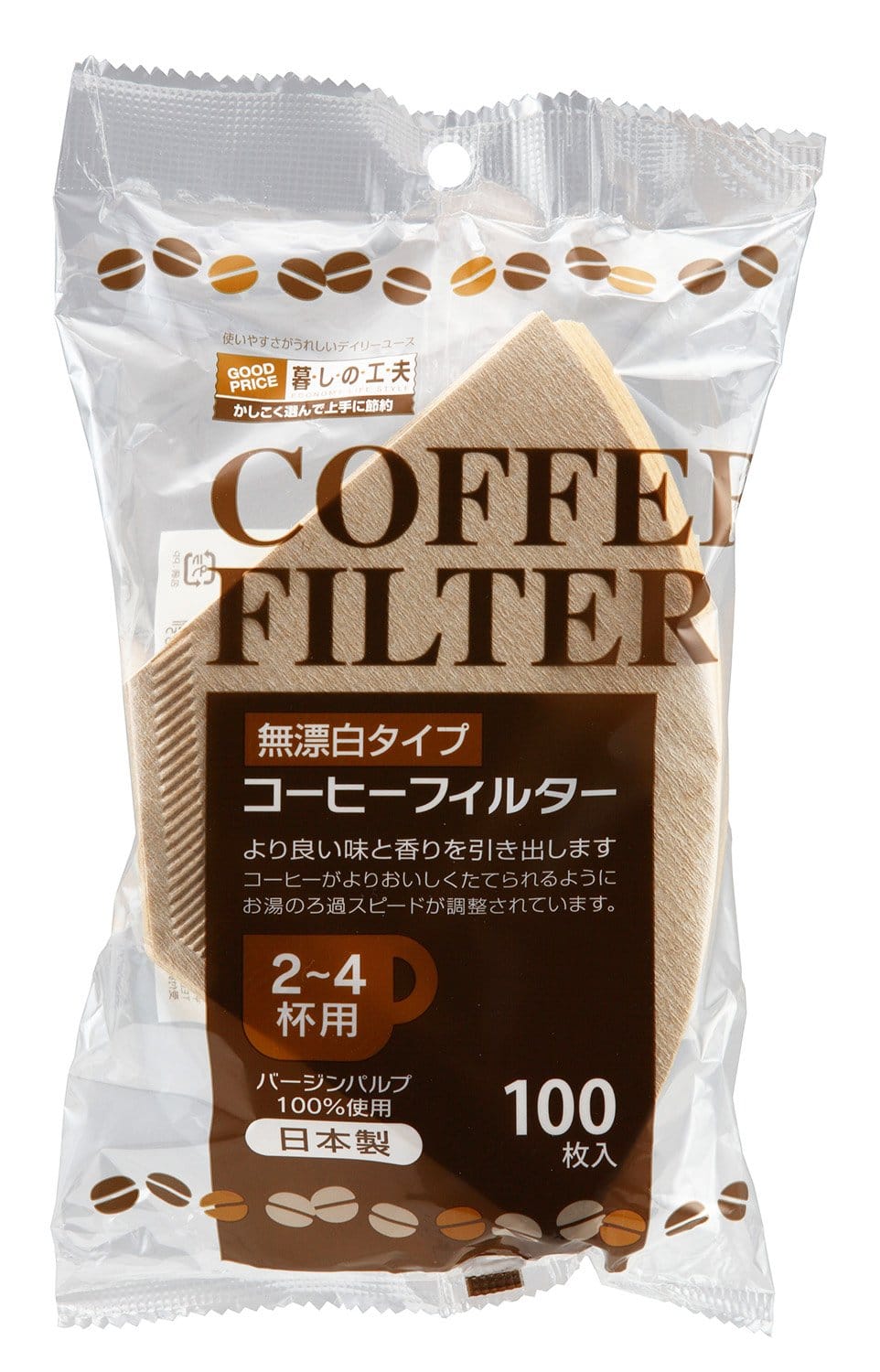 大和物産 コーヒーフィルター ナチュラル 14×23cm 増量 暮しの工夫 2~4杯用 100枚入