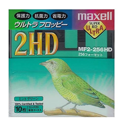 3.5インチ2HDフロッピーディスク10枚パックです。この製品は大きな透明プラスチックケースに10枚のフロッピーディスクを収納し、外をフィルム包装してあるタイプです。1枚ごとのケースではありません。ディスクの色は「ミントグリーン」です。 3.5インチ2HDフロッピーディスク10枚パックです。