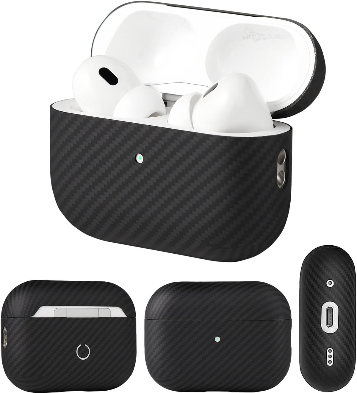 AirPods Pro2 (第2世代) 専用 純度99%カーボン 保護ケース ブラック 「WORLD GADGETS」 MagSafe対応 ワイヤレス充電可能 LEDライトが見える 対衝撃 わずか0.6mmの厚みでスリムにフィット フルカーボン製なので傷