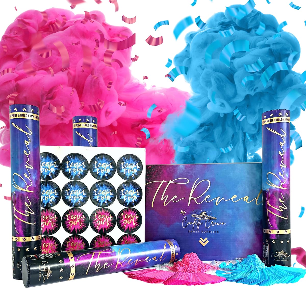 紙吹雪クラウン ベビー 性別披露 紙吹雪パウダーキャノン | 12インチ [4個パック] ピンク2個&ブルー2個 - 100%生分解性紙吹雪&パウダースモーク