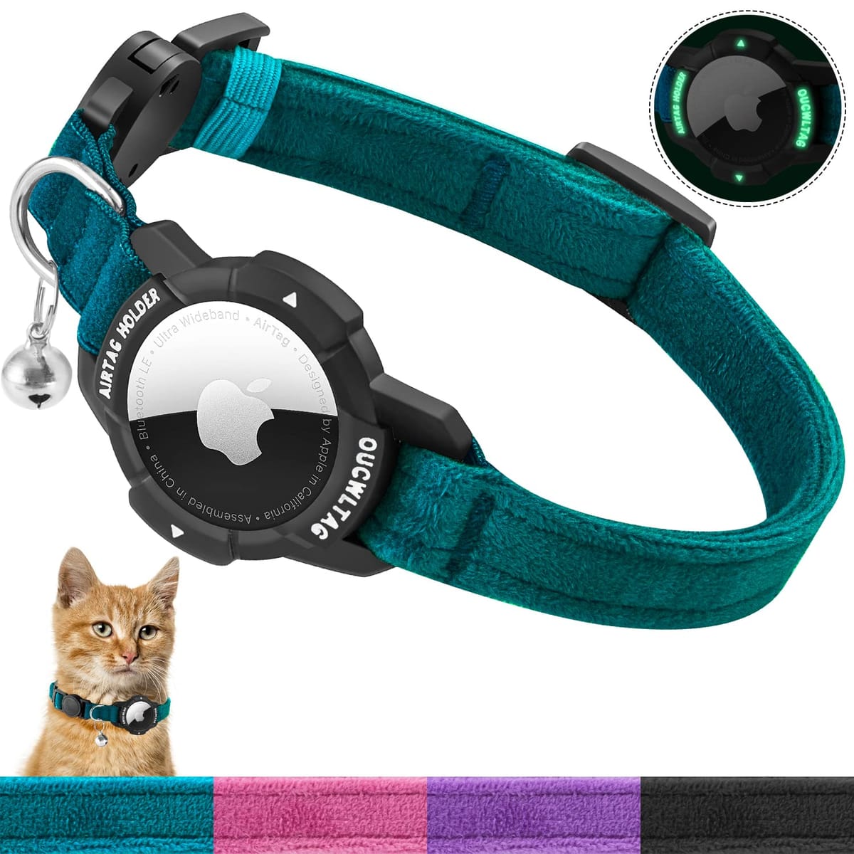 OUCWLTAG ルミナス AirTag 猫 首輪 分離 OUCWLTAG GPS 猫 首輪 Apple Airタグホルダー付き 猫 トラッカーカラー 安全ゴムバンド付き 女の子 男の子 猫 子猫 子犬 (7~10インチ ブルー)