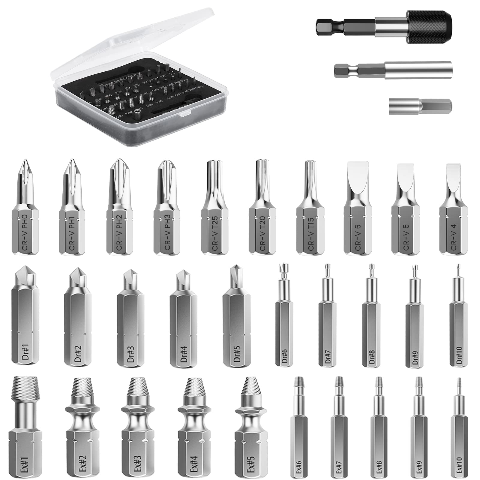 &#128310;【Upgraded Version】: In addition to 10 different sizes of drills and extractors, 3 slotted screws, 3 Torx screws, 4 Phillips screws and 1 quick bit holder have been added, which make them compatible with all kinds of drills and remove any type of screws and bolts.&#128310;【Premium Quality】:It is made of quality high speed alloy steel 4341, high strengthen and durable, which ensures it is tough enough to easily remove those damaged screws and make your work more efficiently.&#128310;【Easy Operation】: Two simple steps to remove all stuck screws or bolts in a few seconds. Step One to choose a drill bit smaller than the damaged screw, Step Two to use the same size extractor to take out reversely use your electric hand drills.&#128310;【Portable & Well-packaged】: Comes with a little storage tool box to ensure you will not lose any one of them. What's more, you can take it anywhere with you.&#128310;【Warm Tips】: Using the eletric hand drill and in low speed when stripping the damaged screw can avoid getting hurt.