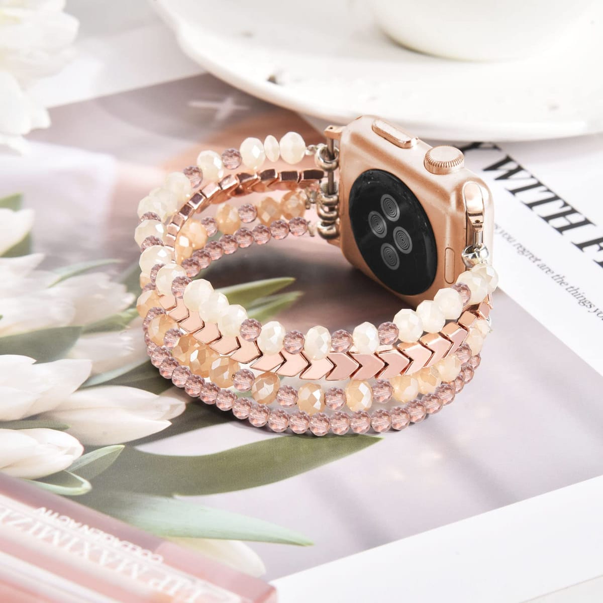 MOFREE ビーズブレスレット Apple Watch用バンド 38mm 40mm 41mm 42mm 44mm 45mm レディース ファッション ハンドメイド 伸縮性ストレッチストラップ iWatch Series SE 9 8 7 6 5 4 3