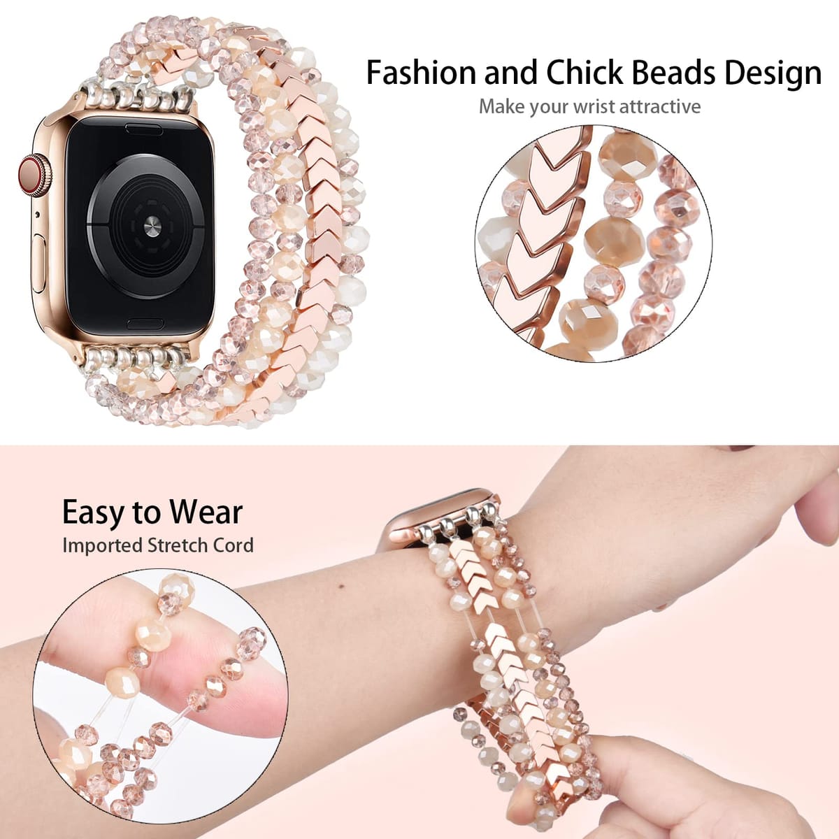MOFREE ビーズブレスレット Apple Watch用バンド 38mm 40mm 41mm 42mm 44mm 45mm レディース ファッション ハンドメイド 伸縮性ストレッチストラップ iWatch Series SE 9 8 7 6 5 4 3