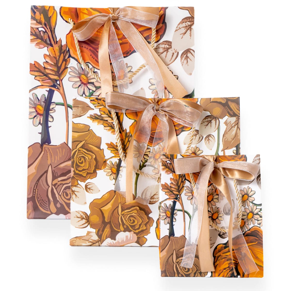 Loïs Pique ラッピング 袋 ギフトバッグ ローズ柄 紙袋 3枚入 小 中 大 手提げ袋 プレゼント ギフト おしゃれ (A オレンジ)