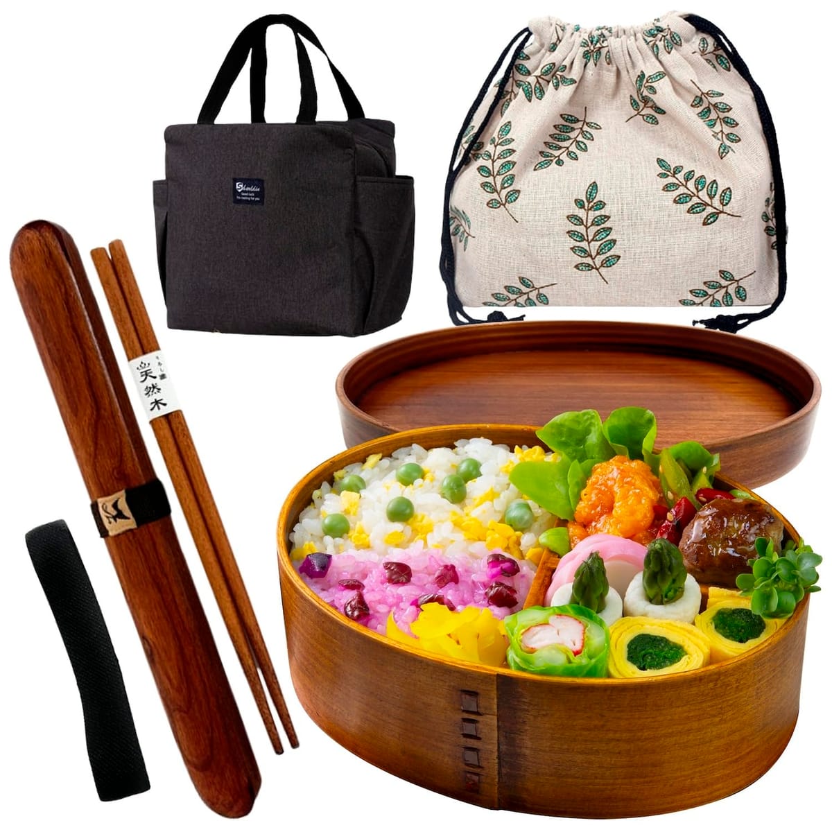 【centcres】 曲げわっぱ お箸 バッグ 巾着（グリーンリーフ） ガイド 5点セット 弁当箱一式セット 抗..