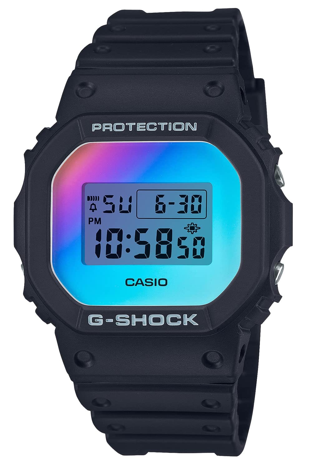 時計にタフネスという新たな概念を築き上げた、衝撃に強い時計『G-SHOCK』から初めてガラス板全面に蒸着を施したIridescent Colorシリーズの登場です。【耐衝撃構造】タフネスを追求したG-SHOCKのコアテクノロジー衝撃に強い構造でモジュールを保護独自の凹凸形状で、ガラスやボタンへの直接衝撃を防ぐ【20気圧防水】日常の水仕事や水泳、サーフィン、ジェットスキーなどのウォーターアクティビティまで多彩な場所、状況での使用が可能【ELバックライト（残照機能付き）】【その他商品仕様】ストップウオッチ／タイマー／時刻アラーム／フルオートカレンダー