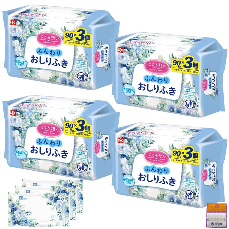 【90枚入×12個セット】こころ想い 大人用 トイレに流せる おしりふき 大容量 90枚×3P×4個（1080枚）無香料 ヒアルロン酸配合 ちょっとギフト付