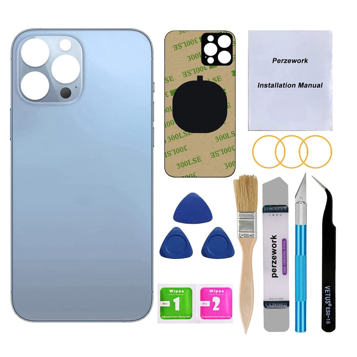 Perzework OEM バックガラス 交換用 iPhone 13 pro max 6.7インチ対応 すべてのキャリアに対応 取り付けマニュアルとプロ仕様の修理ツールキット付き シエラブルー